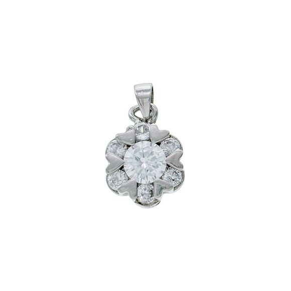Sterling Silver 925 Cubic Zirconia Flower with Heart Accent Pendant - Picture 1 of 5